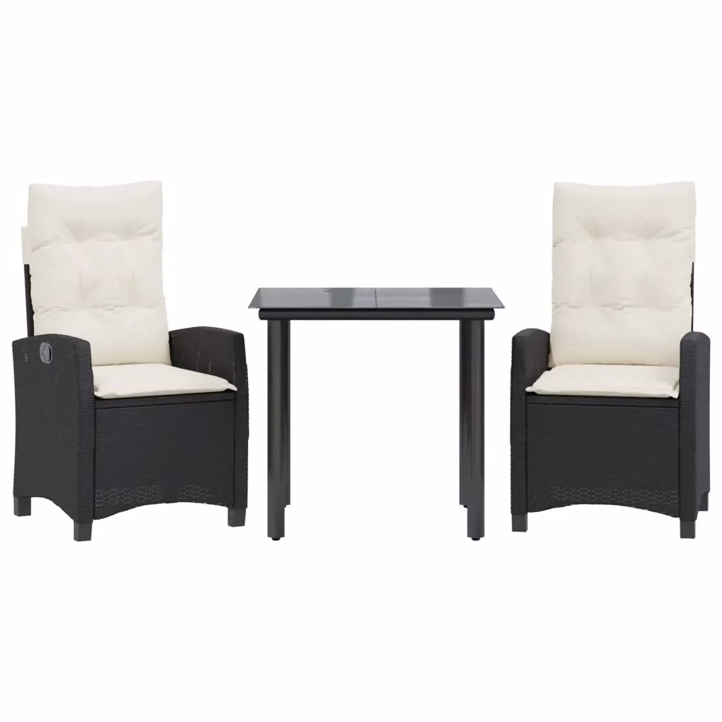 Set da Pranzo da Giardino 3 pz vidaXL in Polyrattan Nero con Cuscini e Tavolo in Vetro – 2