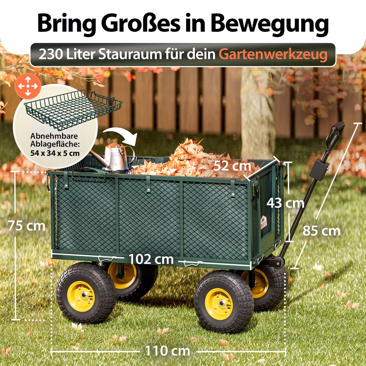 Carrello di trasporto GARDEBRUK verde con 4 pneumatici e telone, portata 550 kg, L 110 x P 75 x H 52 cm – 3