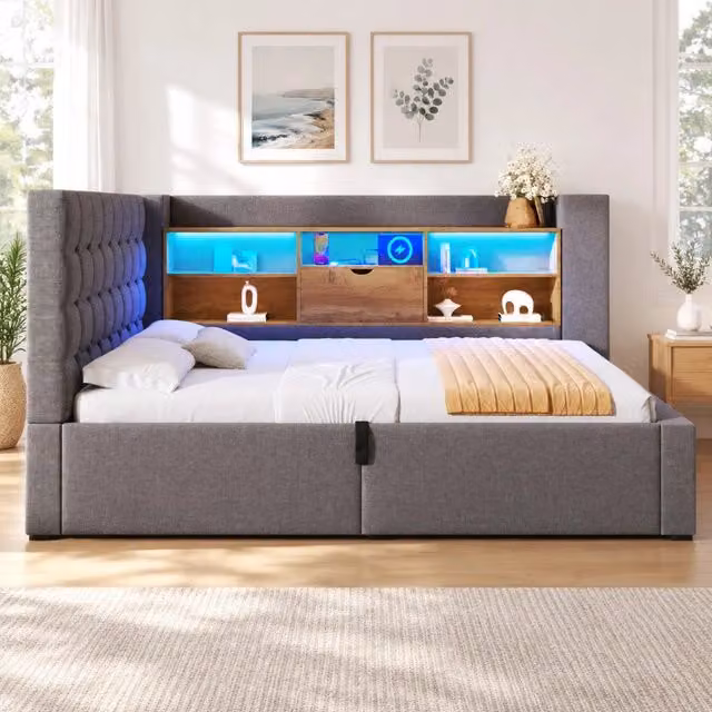 Letto contenitore ULEVR 90x190 cm con LED, USB e USB-C, testiera a L reversibile, tessuto grigio
