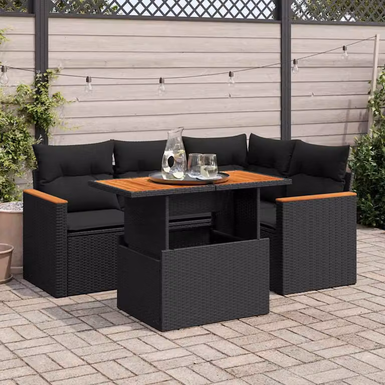 Set Divani da Giardino vidaXL 5 Pezzi in Polyrattan Nero con Cuscini e Tavolino in Legno di Acacia