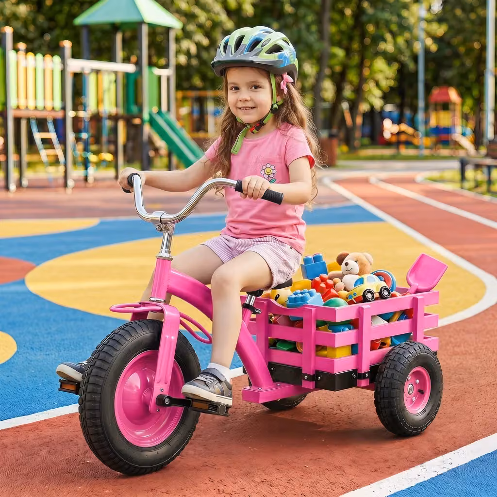 Triciclo per bambini con ruote in gomma gonfiabili e manubrio e sedile regolabili, giocattolo cavalcabile rosa per età 3+ anni – 2