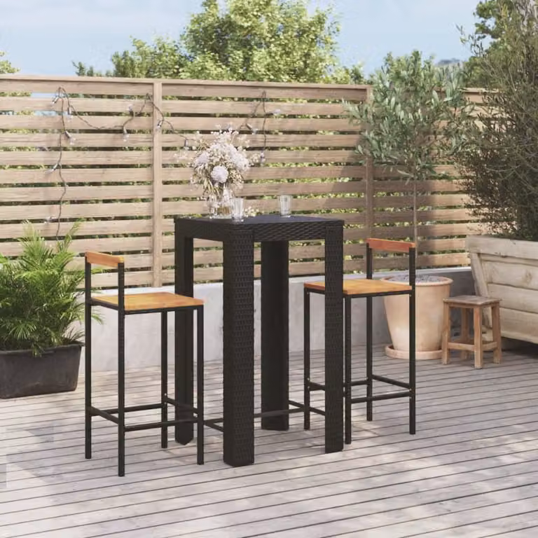 The Living Store Set bar da giardino da 3 pezzi in poly rattan nero e legno massiccio di acacia