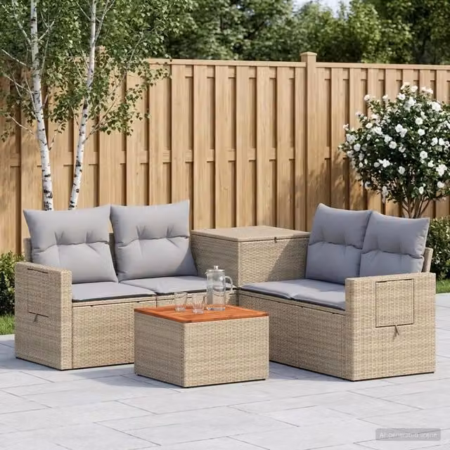Set di divani da giardino vidaXL in polyrattan con tavolo da caffè, 6 pezzi, Beige e Grigio – 1