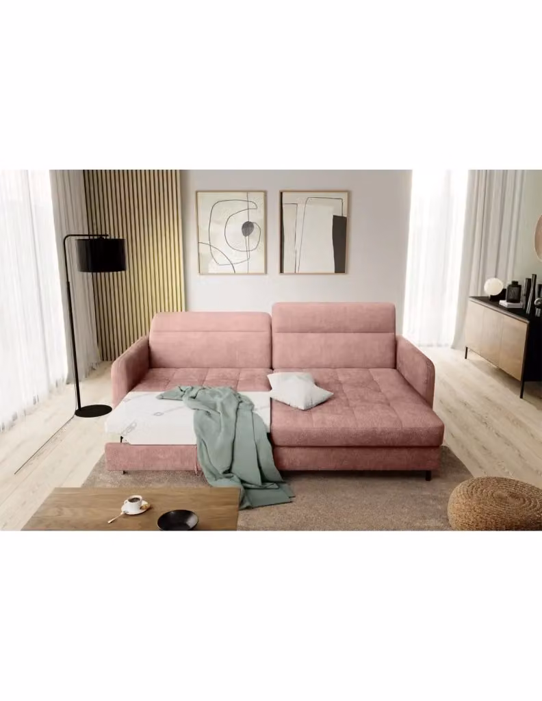 Divano ad angolo moderno MEUBLORAMA collezione GOUMSI colore rosa, con funzione letto, poggiatesta regolabile e contenitore, L/P/H: 228 x 165 x 128 cm – 2