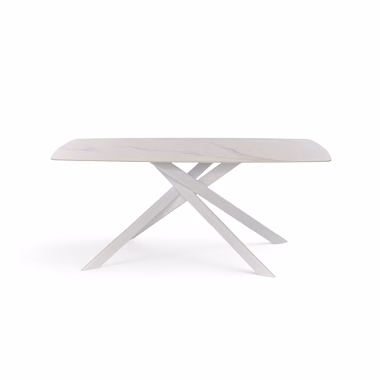 Tavolo SAINT FLORENT con piano in ceramica effetto calacatta oro e gambe incrociate in metallo verniciato bianco, 180x90x76 cm