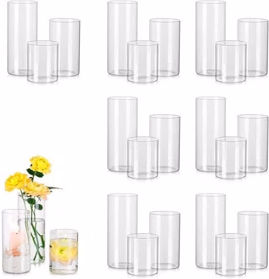 Set di Vasche per Fiori in Vetro, Cilindro in Vetro con Piede, 24 Vasche, Luminaria per Candelabri in Vetro, Sostegno per Candelabri a Stelo, Vasche per Candelabri in Vetro, Dimensioni: 10/15/20cm