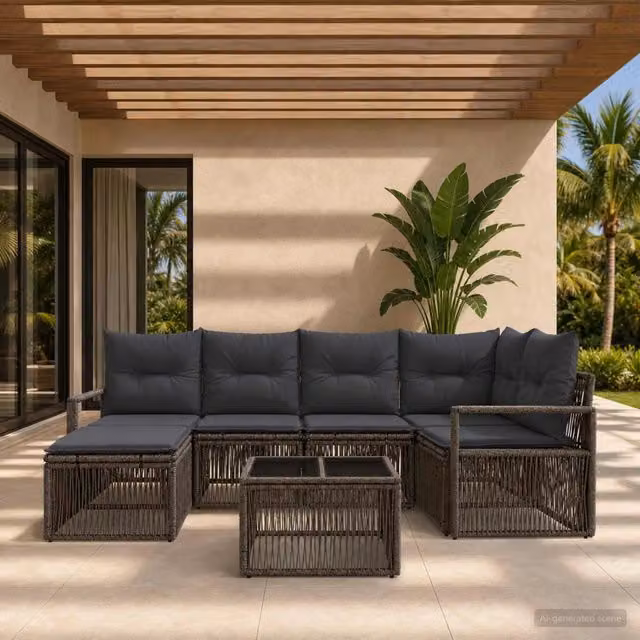 Set Divano da Giardino a L vidaXL in Polyrattan Grigio con 7 Pezzi e Cuscini Inclusi