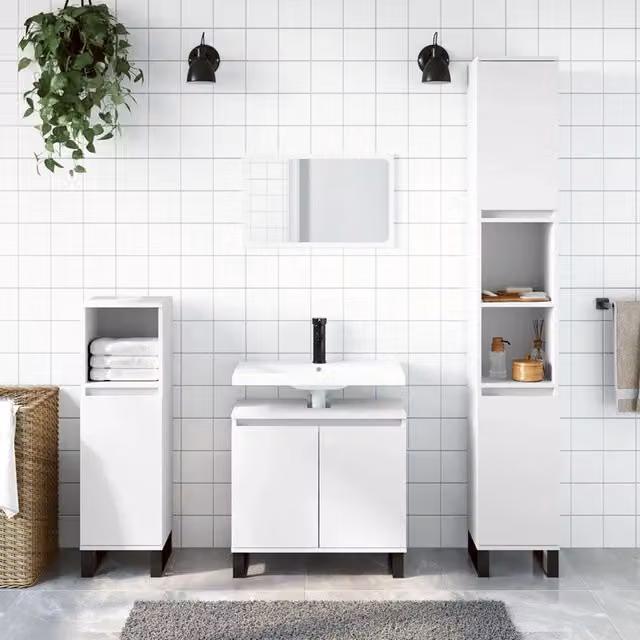 Set di mobili da bagno moderno vidaXL in legno e metallo bianco opaco, composto da 3 pezzi con mobile lavabo e pensile, H: 190 cm x L: 58 cm x P: 33 cm