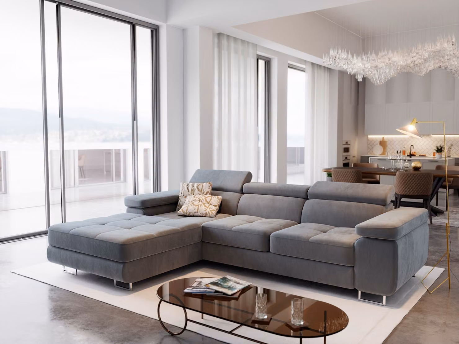 Divano angolare Masseno ELMA L-S con funzione letto a L, divano con box letto, divano da soggiorno, divano, divano letto, set di divani - grigio chiaro, MONOLITH 84