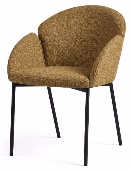 Elegane sedia da pranzo in stile scandinavo, color senape, giallo, con braccioli, rivestita in tessuto
