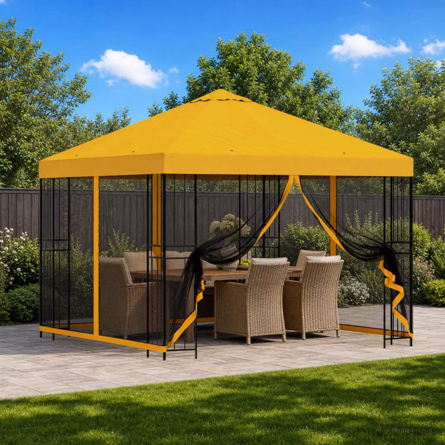 vidaXL Gazebo da giardino moderno con pareti laterali e finestre, Giallo e Nero, L/P: 300 x 300 cm, H: 276,5 cm