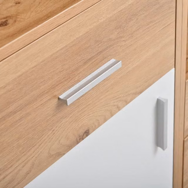 Mobile da ingresso con specchio; scarpiera a ribalta; cassetti e panca; MDF con LED regolabili via app; bianco e legno