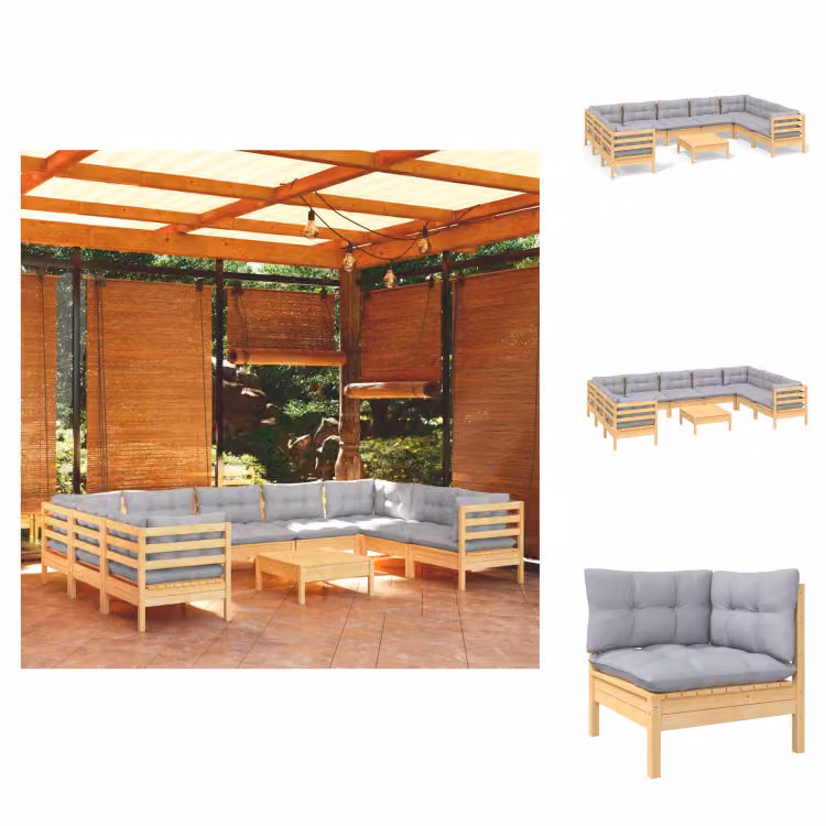 vidaXL Set di 10 pezzi da giardino con cuscini grigi in legno di pino - Set di mobili da giardino