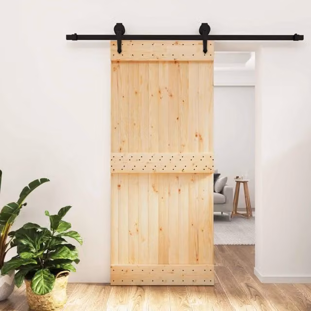 Porta scorrevole moderna vidaXL in legno e acciaio, colore naturale e nero, L: 90 cm, H: 210 cm