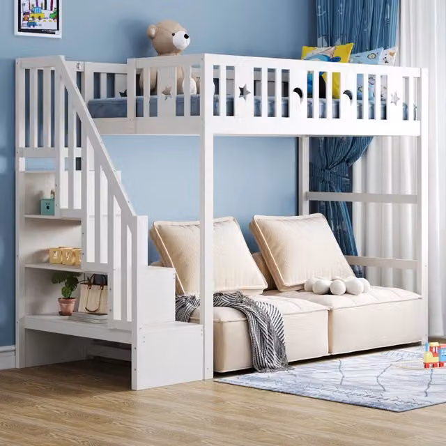 Letto a soppalco singolo per bambini OKWISH in legno bianco con scala, ripiani e divano, L/P/H: 200 x 90 x 171 cm