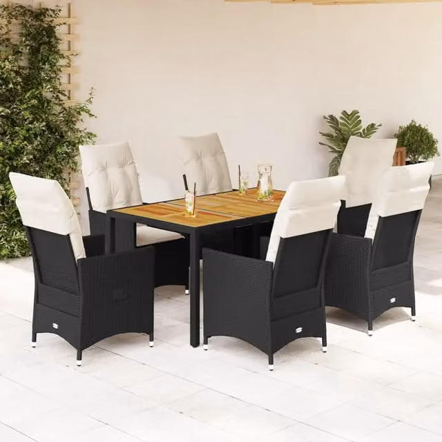 Set da Pranzo da Giardino 7 pz Nero con Cuscini in Polyrattan 3276683