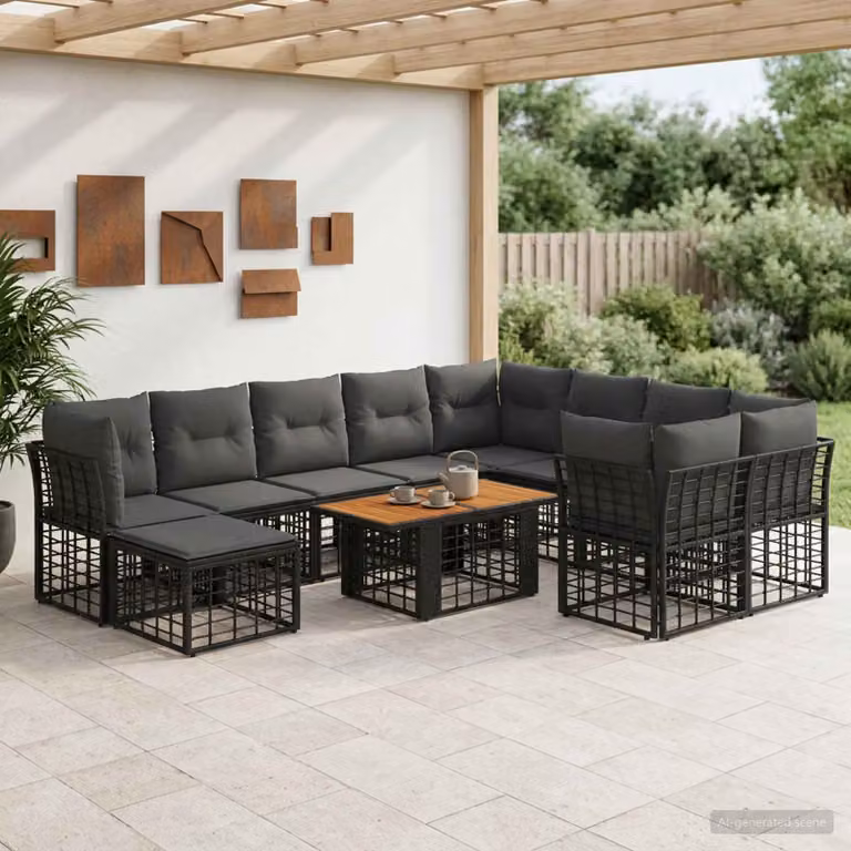 Set Divano da Giardino vidaXL 11 pz a Forma a L con Tavolino e Pouf, Colore Nero e Grigio, Struttura in Metallo e Polyrattan con Cuscini Inclusi