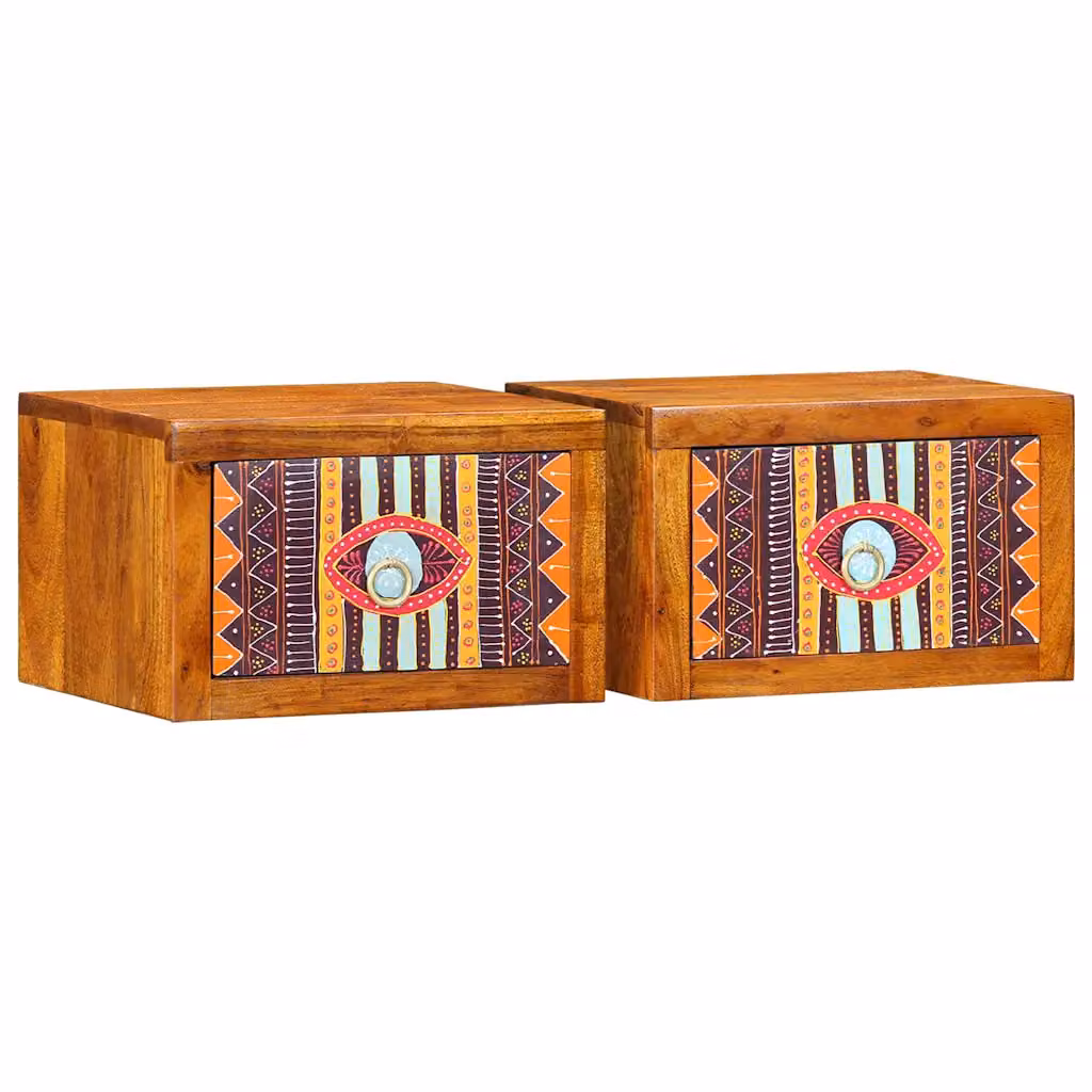 Set di 2 armadi da notte vidaXL in legno di acacia marrone stile boho L 35 cm x P 30 cm x H 22 cm