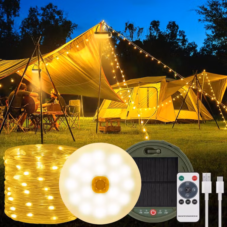 Catena luminosa solare per campeggio, 12 metri, 120 LED, ricaricabile tramite USB