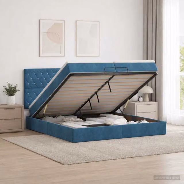 Letto ottomano moderno vidaXL con materasso ibrido in velluto blu e bianco L/P/H: 200 x 200 x 88 cm