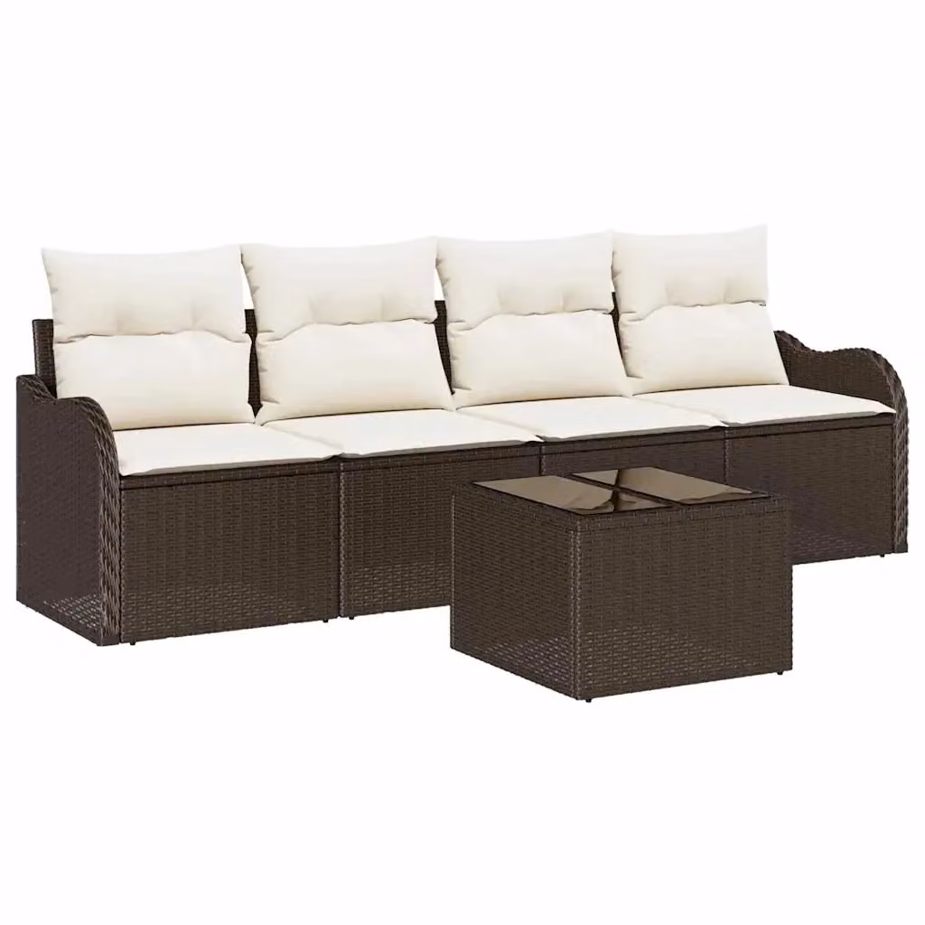 vidaXL Set Divano da Giardino a Forma di U composto da 5 Pezzi con Cuscini, Marrone e Beige – 2