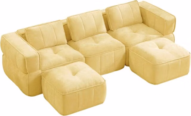 Divano modulare a U con due pouf, schiuma 32D, seduta profonda, senza struttura, per salotto, in poliestere giallo