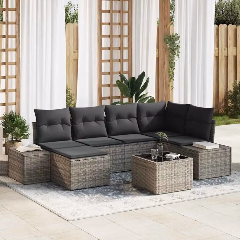Set Divano da Giardino vidaXL 6 pz Grigio con Cuscini e Tavolino in Polyrattan e Acciaio