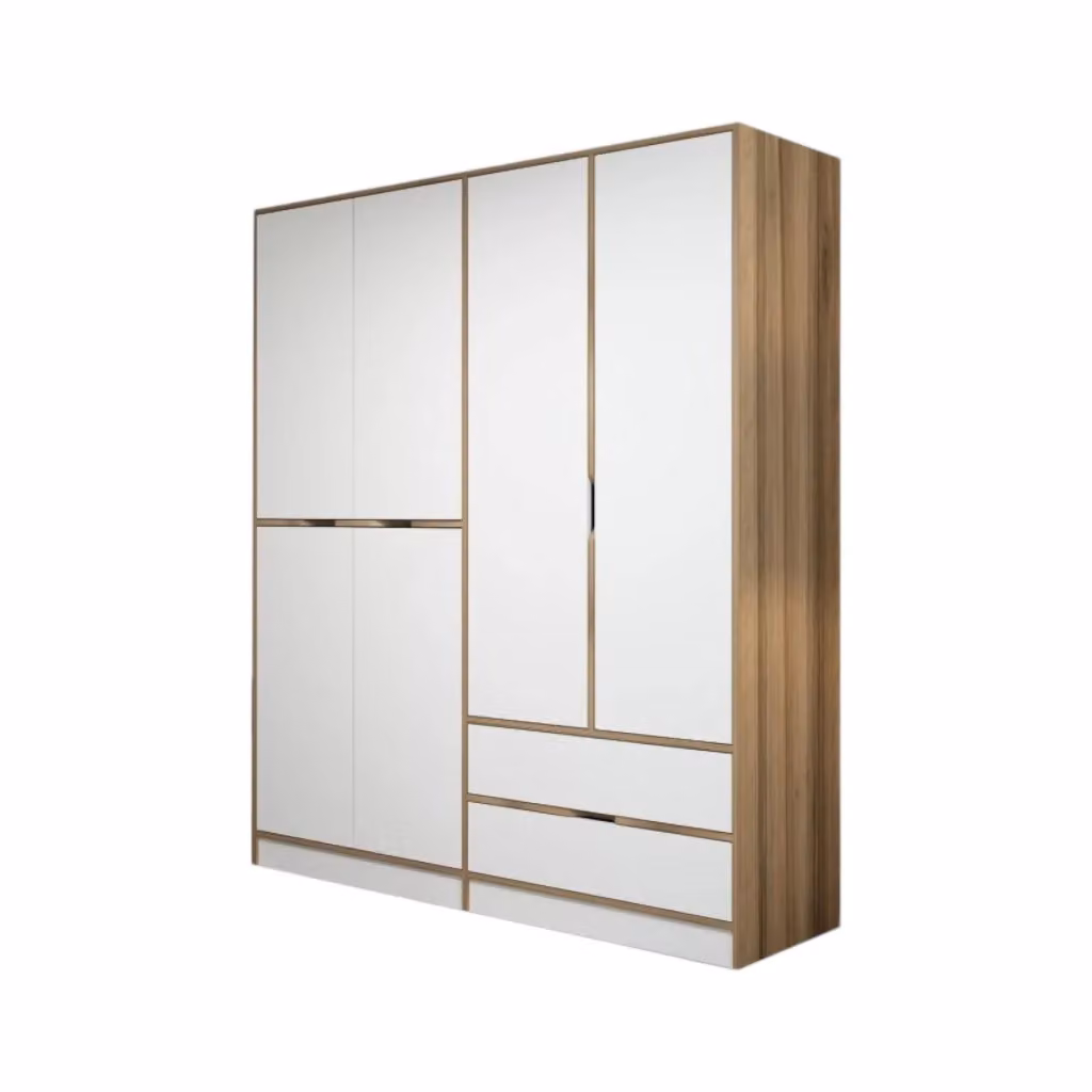 Armadio da camera da letto Odalys DMORA con ante a battente e cassetti integrati, Bianco e Marrone, L: 185 cm, H: 208 cm – 2