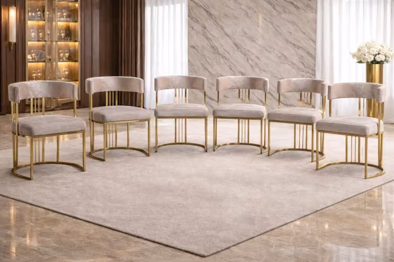 Set di sei eleganti poltrone in velluto color champagne, con struttura in oro finitura pregiata