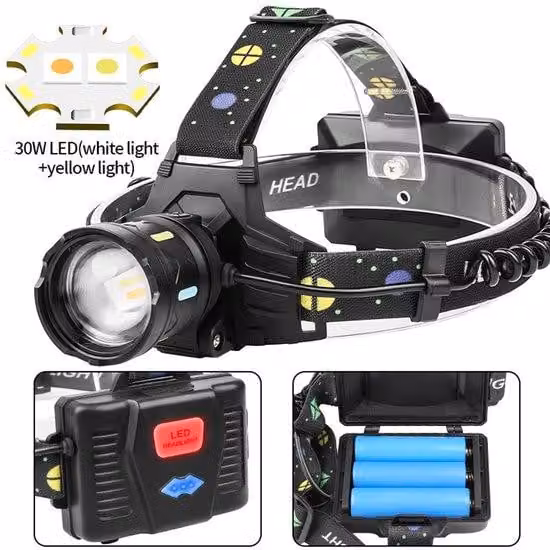 Lampada frontale a LED, impermeabile, con funzione zoom, indicatore di carica della batteria, per casco, campeggio, escursionismo, pesca