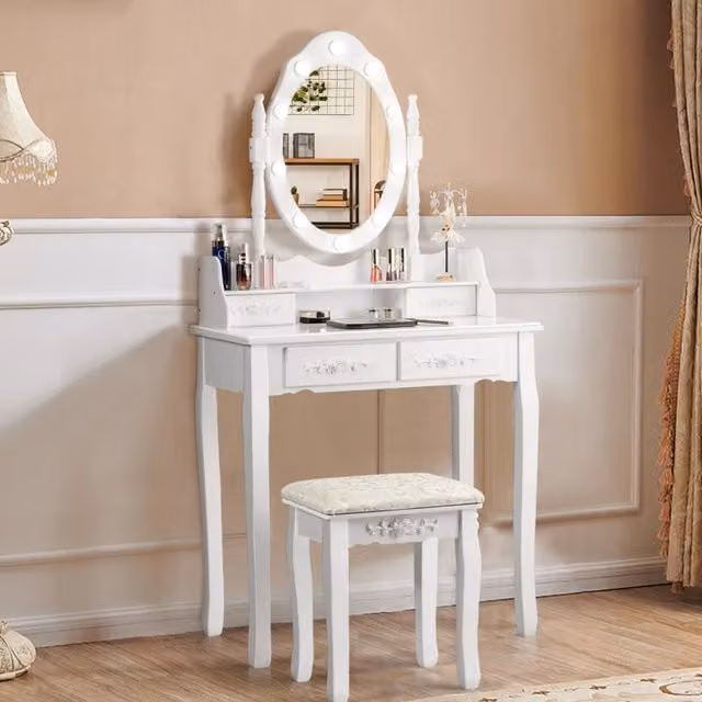 Toeletta Trucco con Specchio LED Girevole e Sgabello Imbottito Mobile Cosmetico con 4 Cassetti Bianco in Legno per Camera da Letto