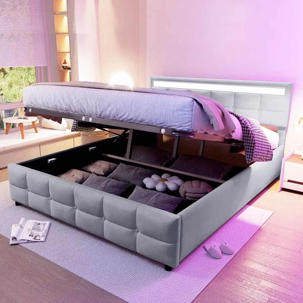 Letto contenitore MIVRAY in velluto grigio con sollevamento idraulico, illuminazione LED e rete a doghe, L: 180 cm, P: 200 cm – 2