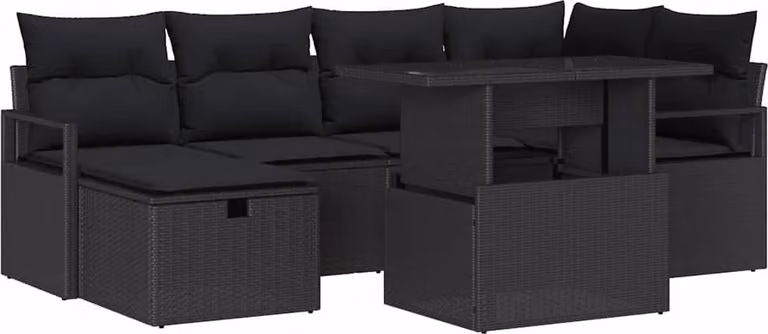 Set Divano da Giardino con cuscino 7 pcs Nero Poly Rattan