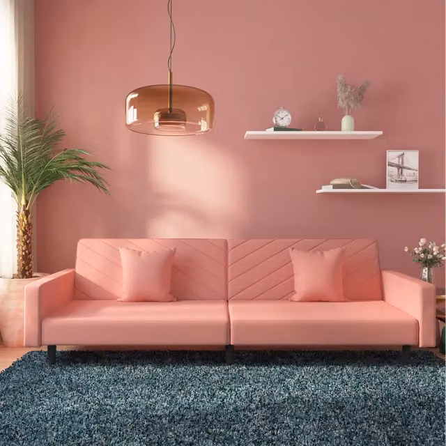Divano Letto a 2 Posti con 2 Cuscini Rosa in Velluto 375921