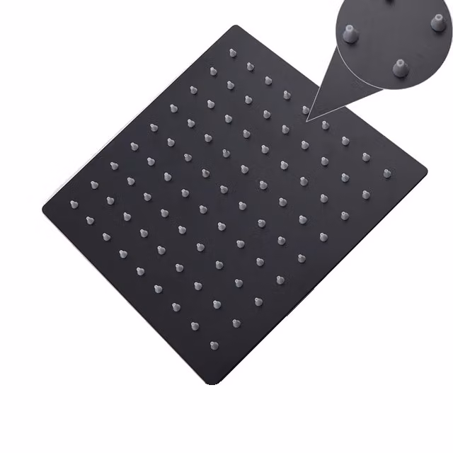 Soffione doccia, funzione a pioggia, struttura in acciaio inox, nero