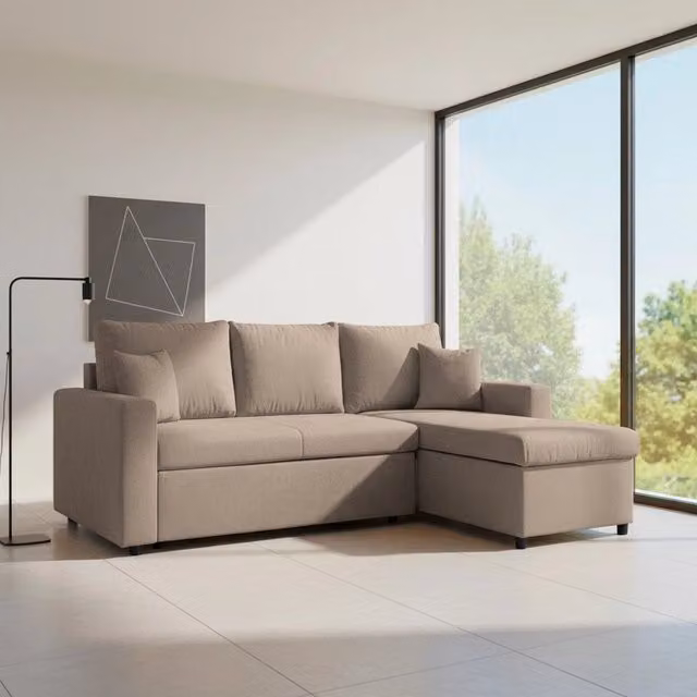 Divano con penisola reversibile funzione letto Golf tessuto tortora 225x148x91H