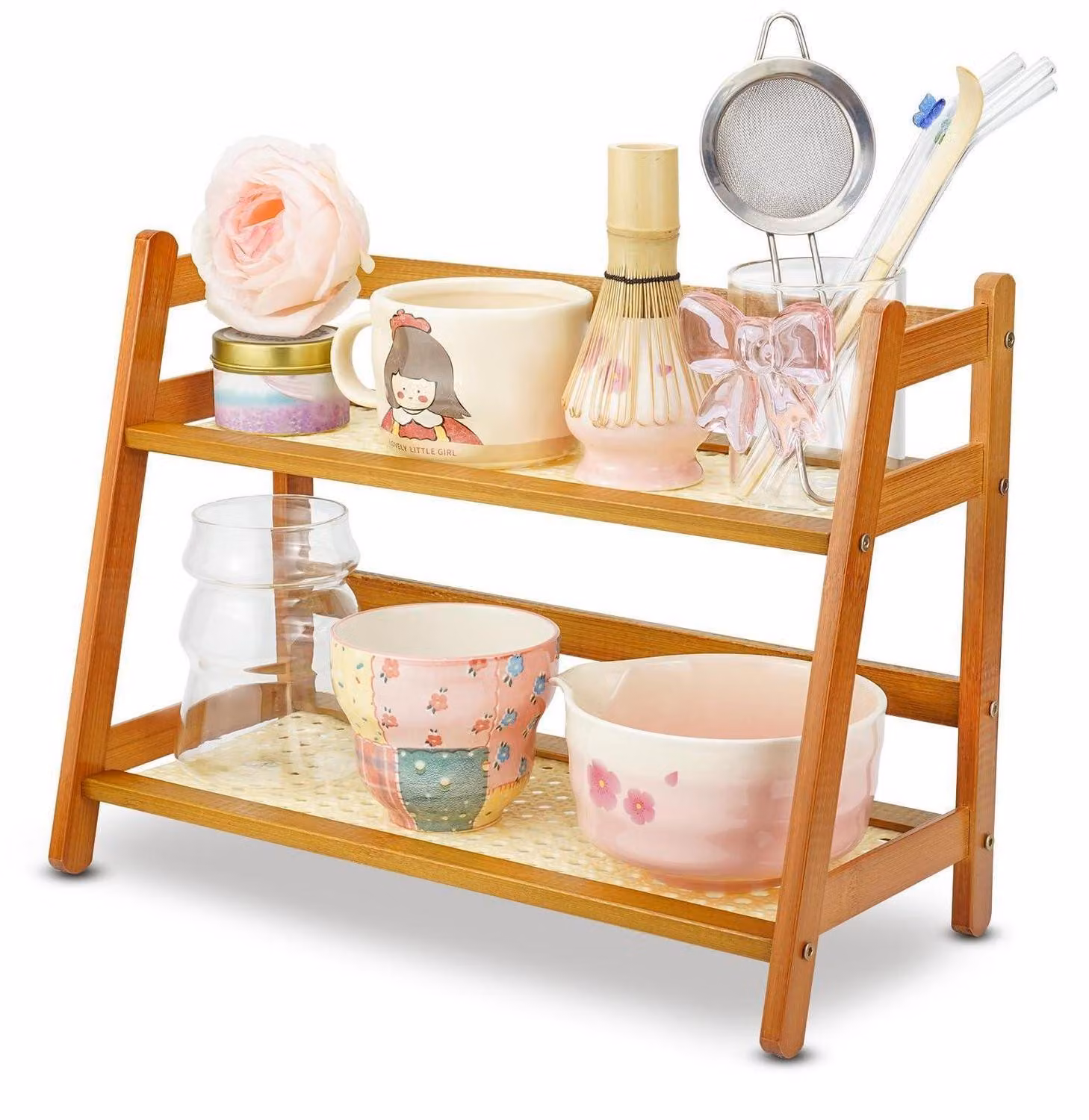 Scaffale portaoggetti in bambù, a 2 livelli, dimensioni 39x18x29 cm, con piano di lavoro, organizer per tè, realizzato in legno composito