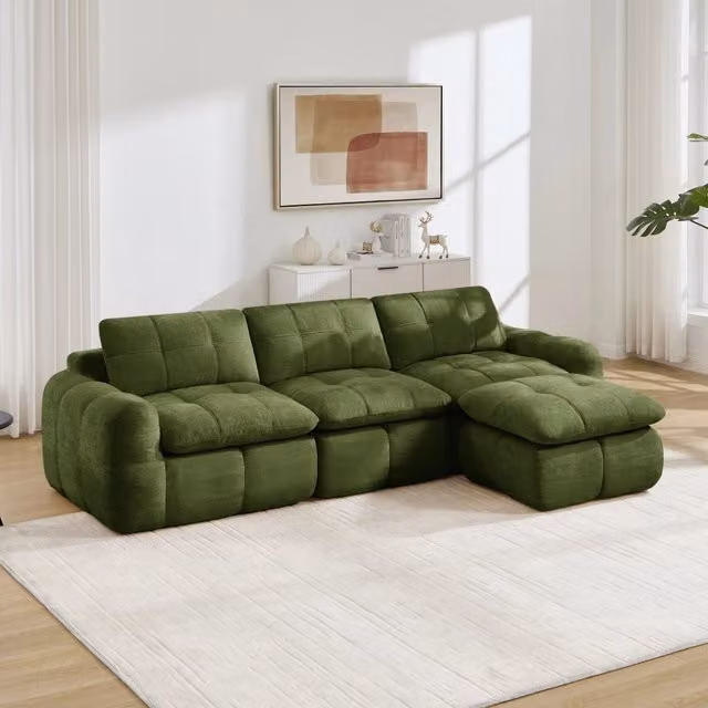 Divano modulare angolare 3 posti 264x160x68 cm senza montaggio in ciniglia verde