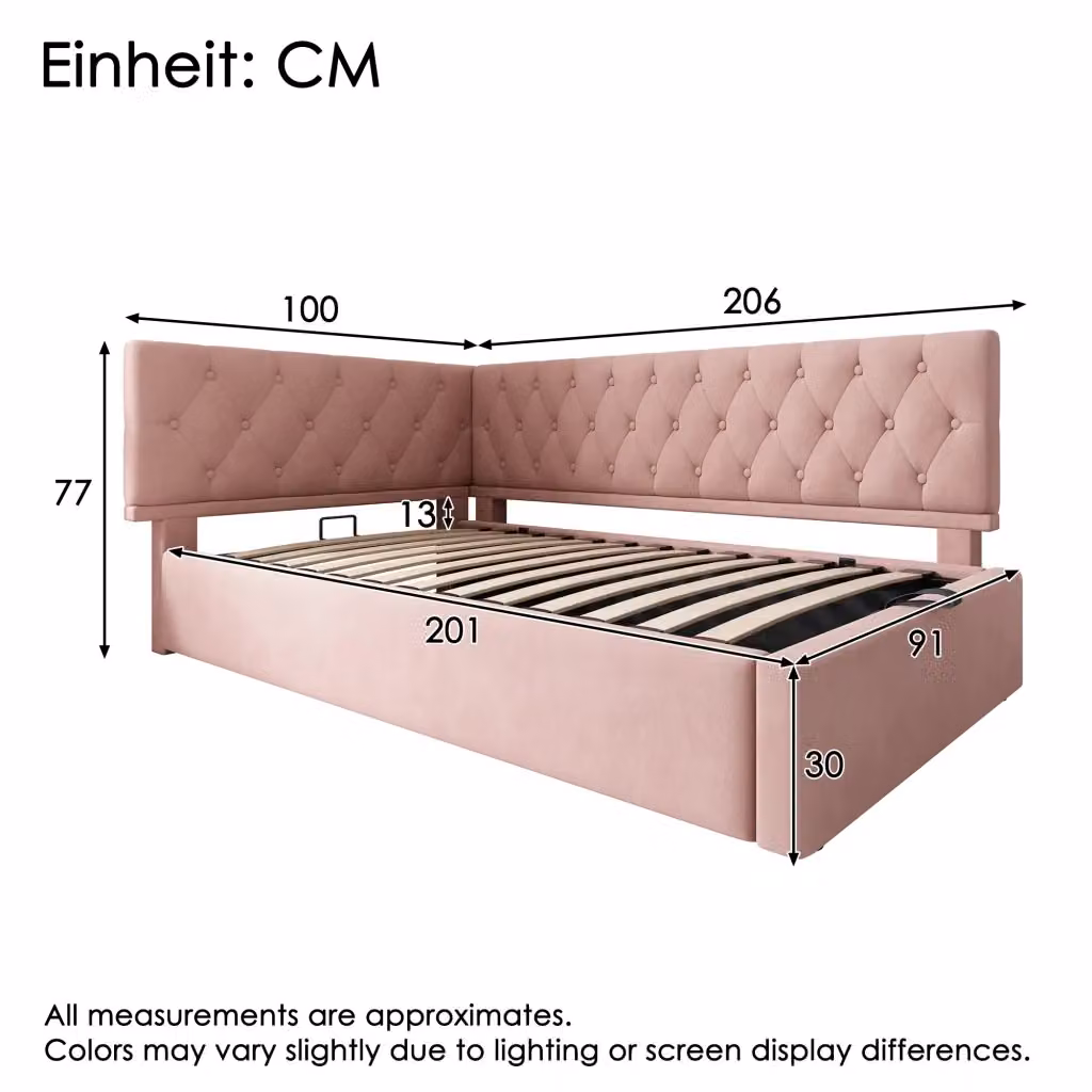 Divano letto imbottito in velluto rosa con contenitore idraulico e rete a doghe, L: 90 cm, P: 200 cm – 2