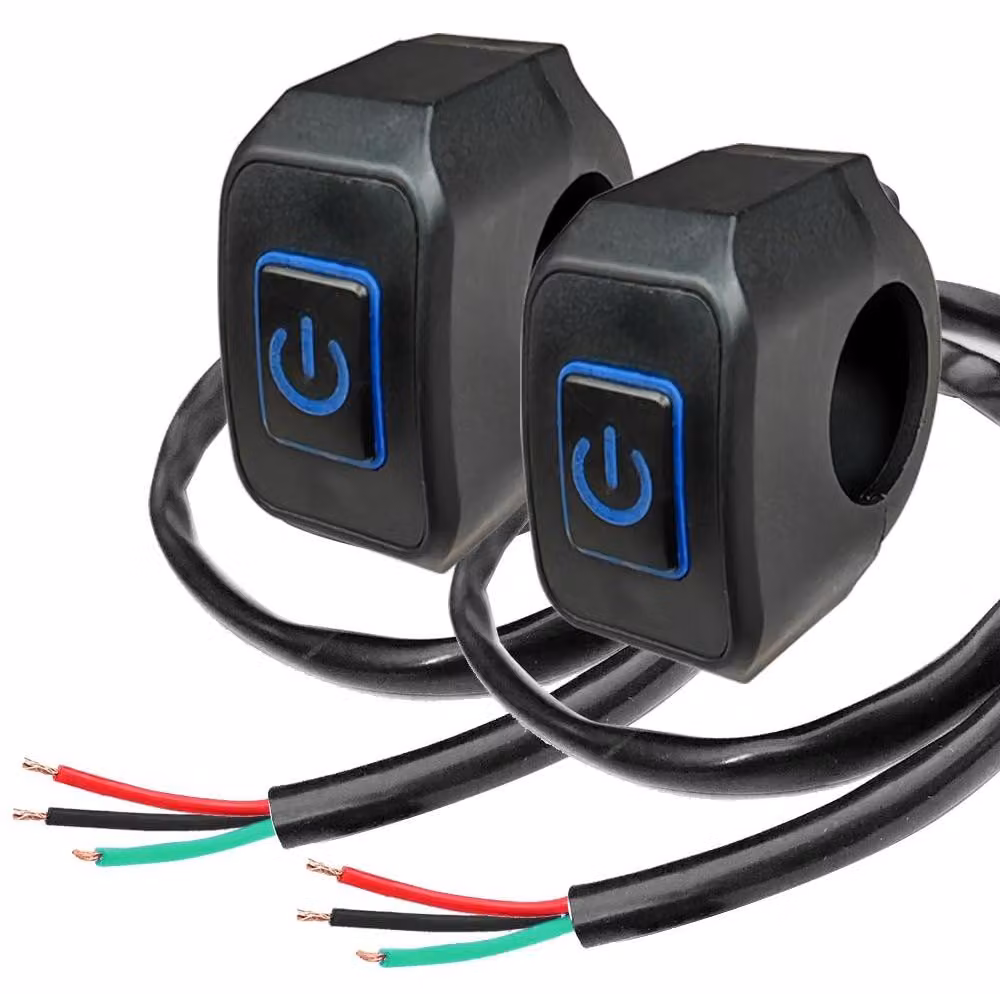 Interruttore a pulsante da 22 mm, filettatura 7/8", grado di protezione IP65 (resistente all'acqua), con LED blu, per motociclette