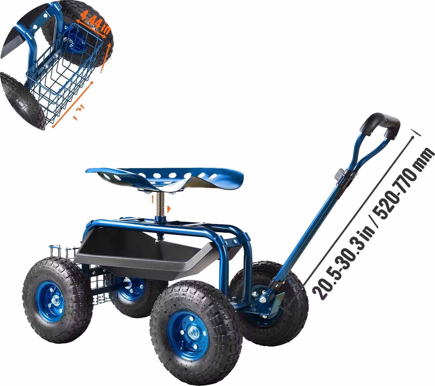 Carrello da giardino con ruote, design ergonomico, sterzo regolabile, blu