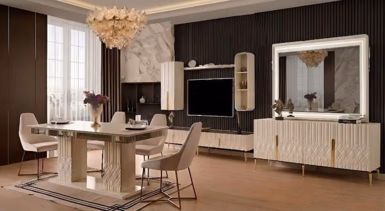 Set per sala da pranzo: tavolo, 4 sedie, consolle, mobile TV, colore beige, stile moderno