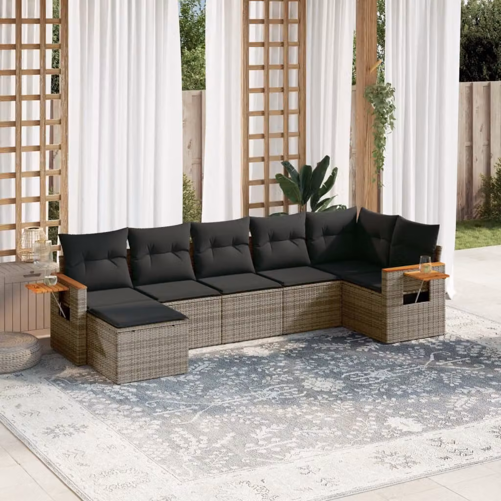 vidaXL Set Divani da Giardino 7 pz in Polyrattan Grigio con Cuscini e Tavolino – 1