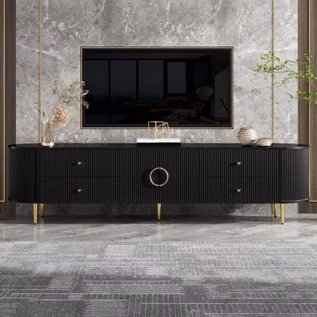 Mobile TV con ante a onde tridimensionali cassetti ripiano fisso passacavi piedi in ferro MDF nero 180 × 40 × 38 cm