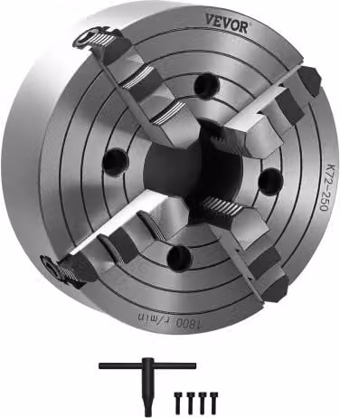 Mandrino per tornio autocentrante a 4 griffe VEVOR colore argento, diametro esterno 250 mm, intervallo di serraggio 15-250 mm con viti di fissaggio, chiave a T e griffe reversibili in materiale HT300