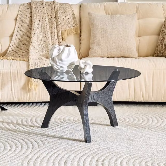 Tavolino da caffè rotondo MINIMAL con piano in vetro temperato e struttura in legno nero, Diametro: 80 cm