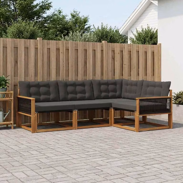 Set di divani da esterno vidaXL 4 pezzi in legno di acacia e textilene, composizione a L con cuscini inclusi, colore marrone e nero