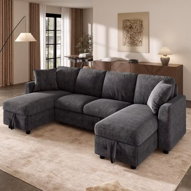 Divano angolare convertibile OKWISH con funzione letto, contenitore e porte USB/Tipo C, grigio antracite, L: 260 cm, P: 128 cm, H: 82 cm – 1