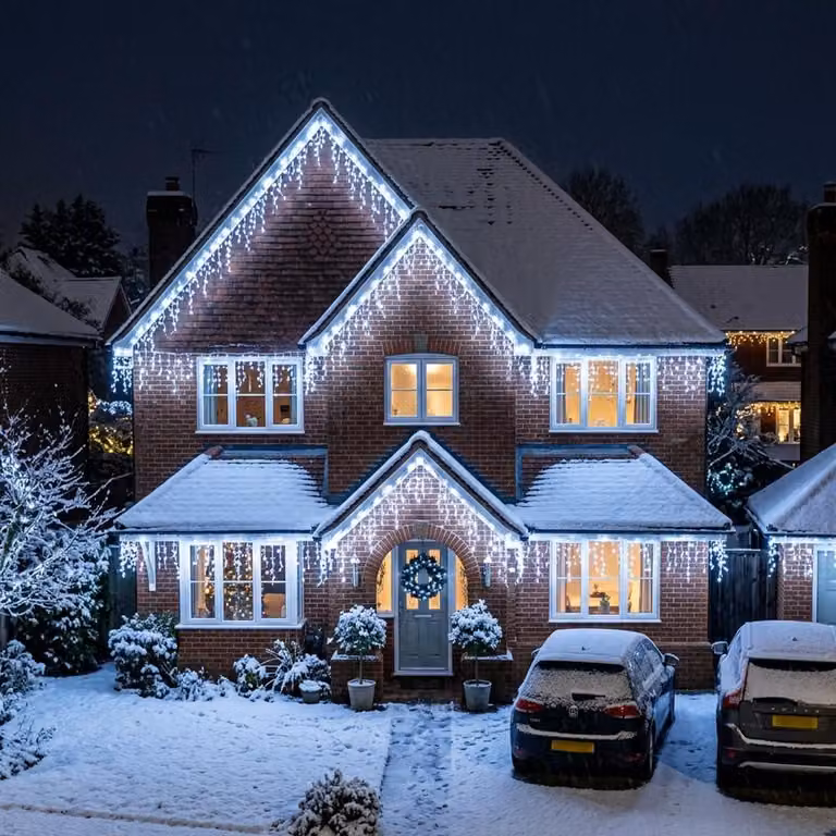 Luci a LED per decorazioni natalizie, 120 LED, luce bianca fredda, 4 metri di lunghezza, 24 elementi a forma di goccia, cavo di 10 metri, grado di protezione IP44, 8 modalità di illuminazione