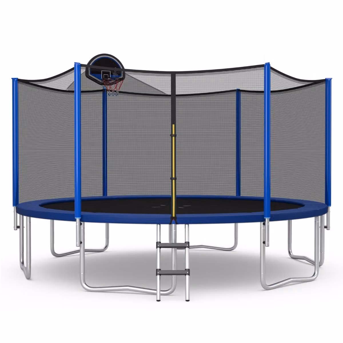 Trampolino Costway con canestro, rete di protezione e 72 molle per bambini e adulti, nero e blu